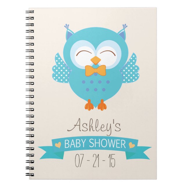 Turquoise Blue & Purple Boy Owl Baby Shower Notebook (Front)
