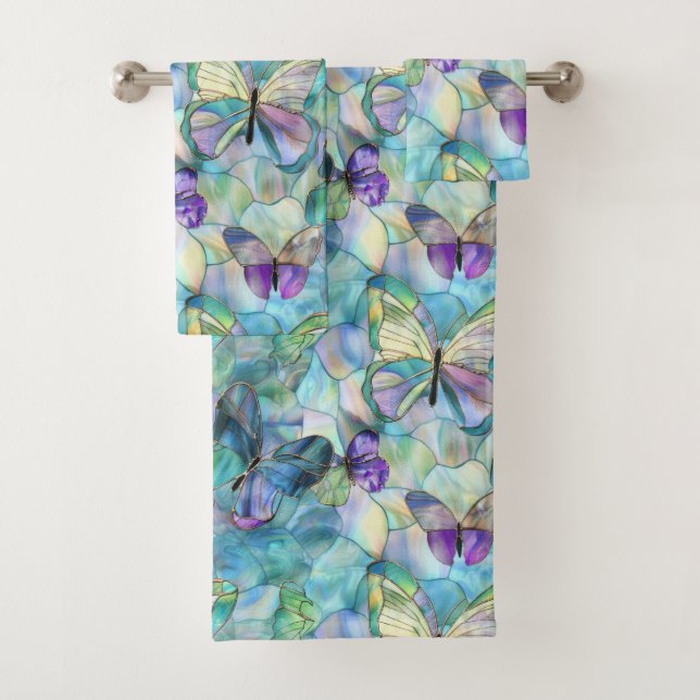 Turquoise Blue Purple Butterflies Bath Towel Set (Insitu)