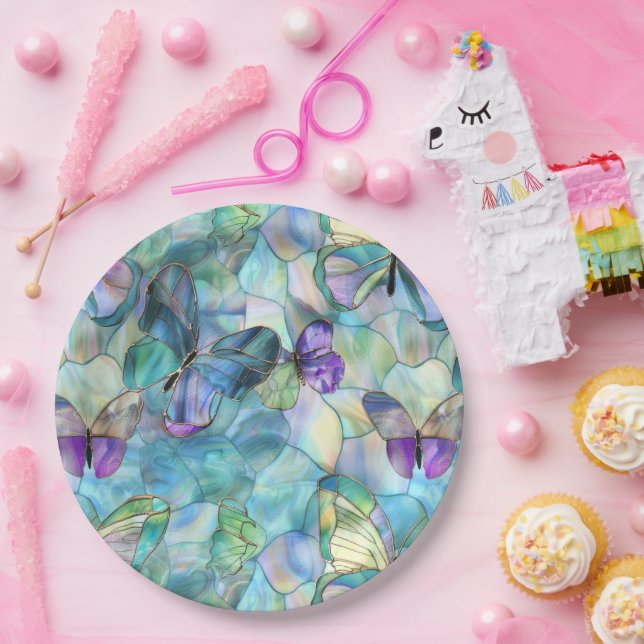 Turquoise Blue Purple Butterflies Paper Plate (Party)