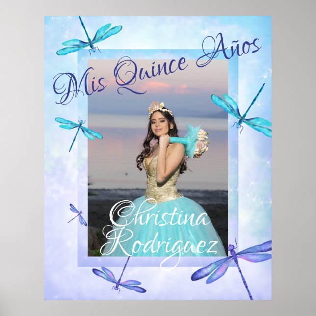 Turquoise & Blue Quinceañera Poster w/ Dragonflies (Front)