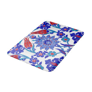 Turquoise Blue Red Ancient Turkish Floral Tile Bath Mat