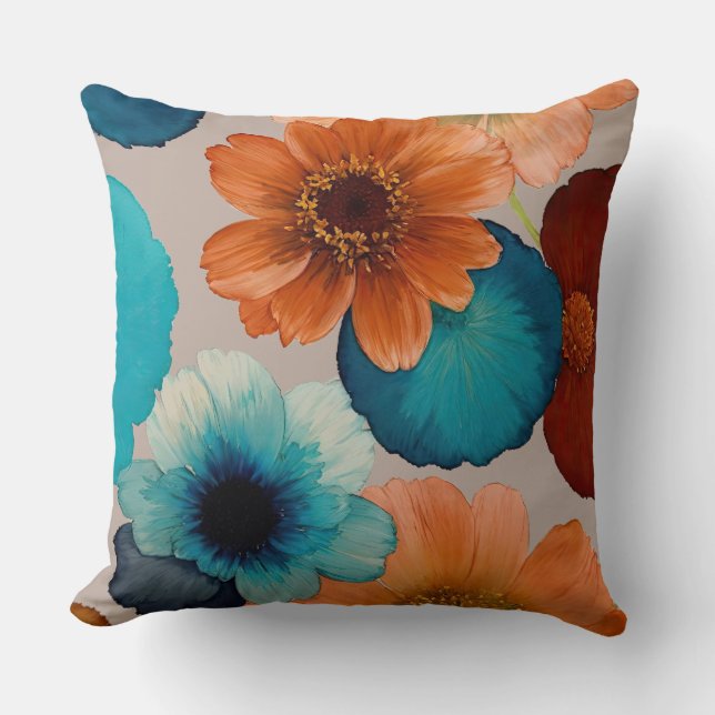 Turquoise blue, Red, Rust and Bronze Boho Flowers Cushion (Front)