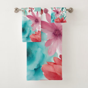 Turquoise blue Red Watercolor Spring Flowers Bath Towel Set