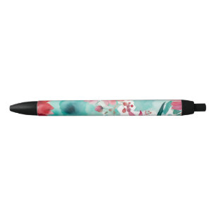 Turquoise blue Red Watercolor Spring Flowers Black Ink Pen