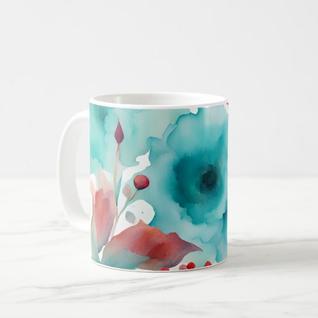 Turquoise blue Red Watercolor Spring Flowers   Coffee Mug (Front Left)