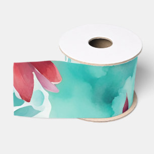 Turquoise blue Red Watercolor Spring Flowers   Grosgrain Ribbon