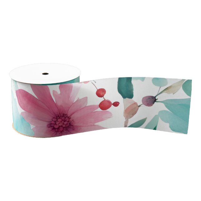 Turquoise blue Red Watercolor Spring Flowers   Grosgrain Ribbon (Spool)