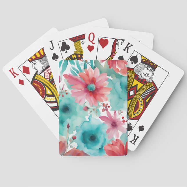 Turquoise blue Red Watercolor Spring Flowers   Playing Cards (Back)