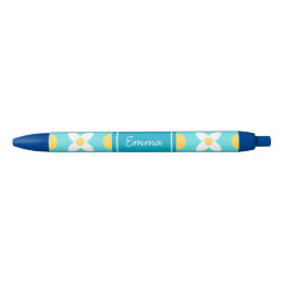 Turquoise Blue Retro Floral Pattern  Ink Pen
