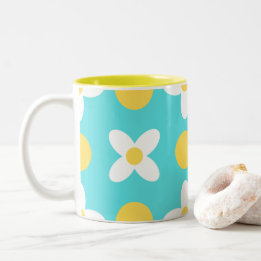 Turquoise Blue Retro Floral Pattern  Two-Tone Coffee Mug
