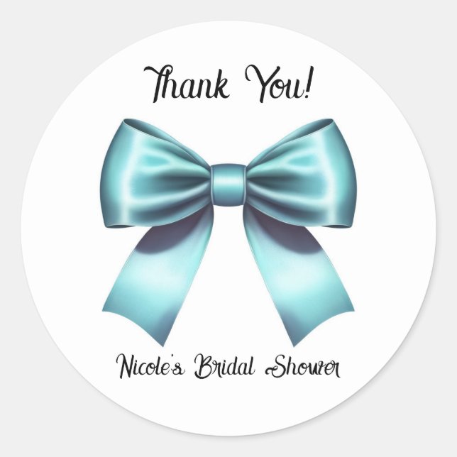 Turquoise Blue Ribbon Bow Wedding Bridal Shower  Classic Round Sticker (Front)