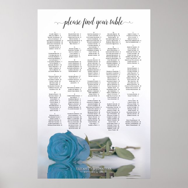 Turquoise Blue Rose Alphabetical Seating Chart (Front)