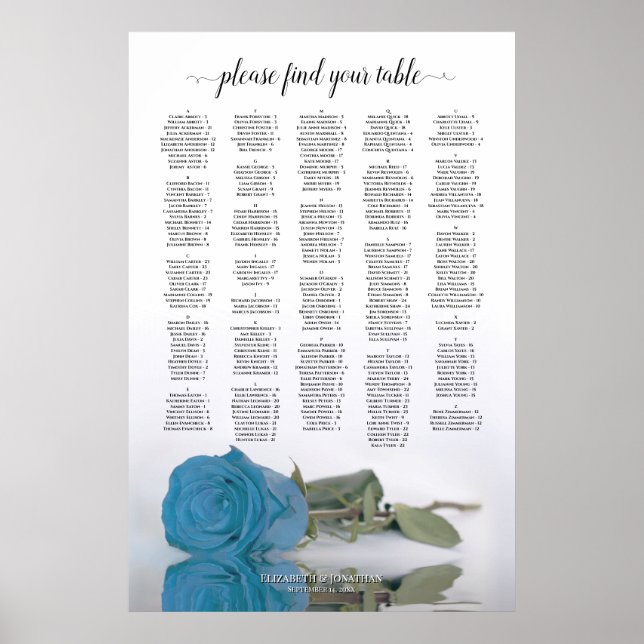 Turquoise Blue Rose Alphabetical Seating Chart (Front)