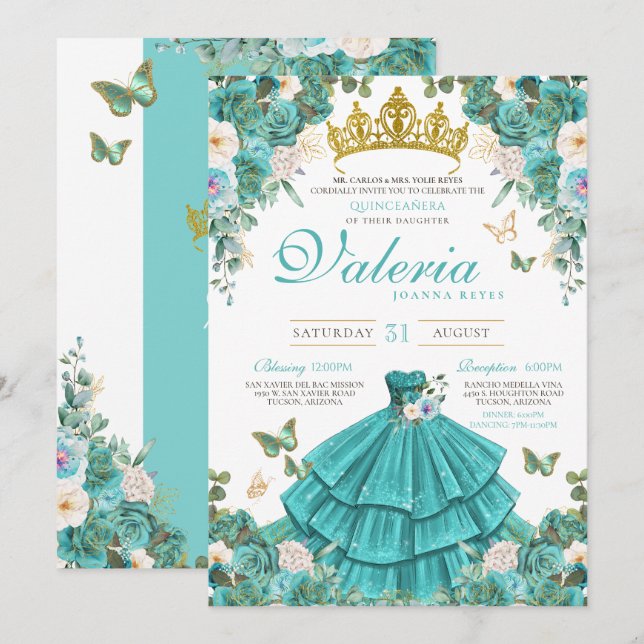 Turquoise Blue Rose Butterfly Princess Quinceanera Invitation (Front/Back)