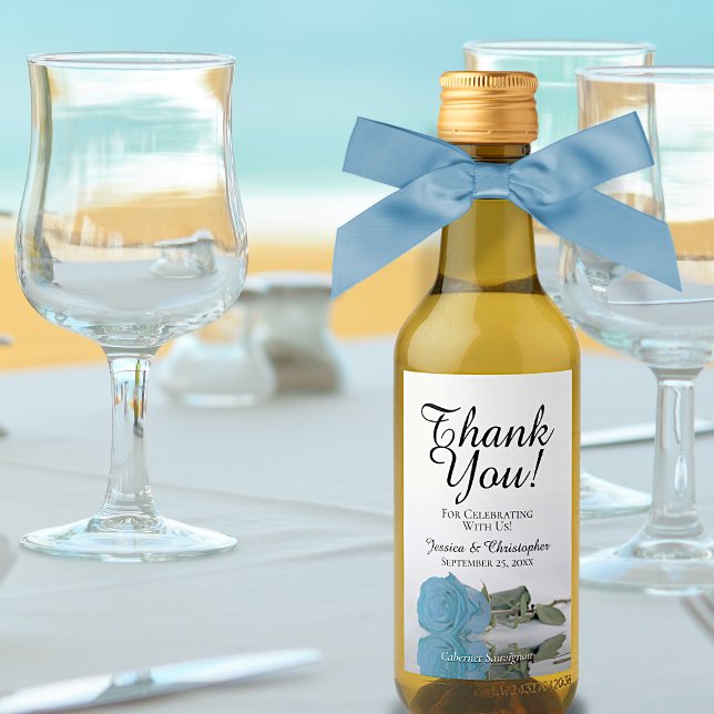 Turquoise Blue Rose Chic Wedding Thank You Mini Wine Label (Creator Uploaded)