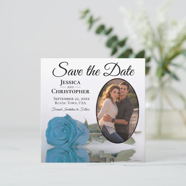 Turquoise Blue Rose on White Oval Photo Wedding Save The Date (Standing Front)