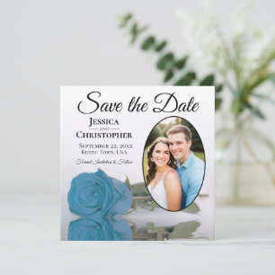 Turquoise Blue Rose on White Oval Photo Wedding Save The Date