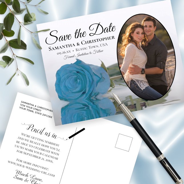 Turquoise Blue Rose Photo Wedding Save The Date Announcement Postcard (Creator Uploaded)