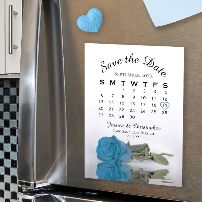 Turquoise Blue Rose Save the Date Calendar Magnet (Creator Uploaded)