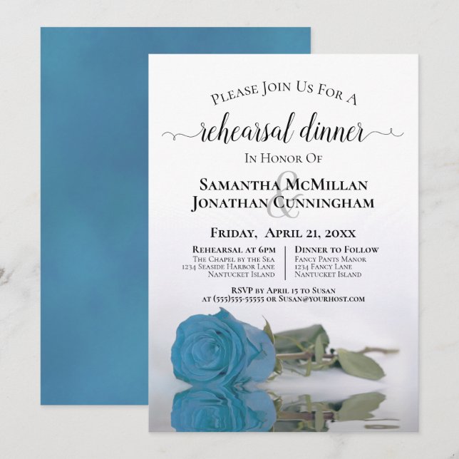 Turquoise Blue Rose Wedding Rehearsal Dinner Invitation (Front/Back)