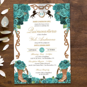 Turquoise Blue Rose Western Charro Quinceanera Invitation