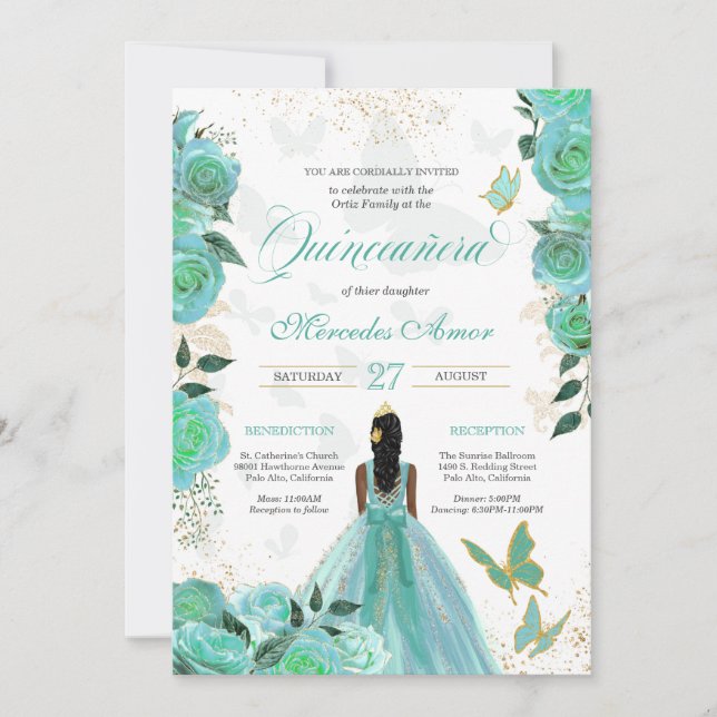 Turquoise Blue Roses Butterfly Quinceanera Invitation (Front)