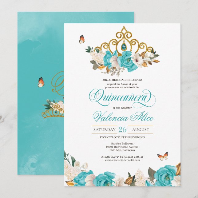 Turquoise Blue Roses Golden Tiara Butterfly Quince Invitation (Front/Back)