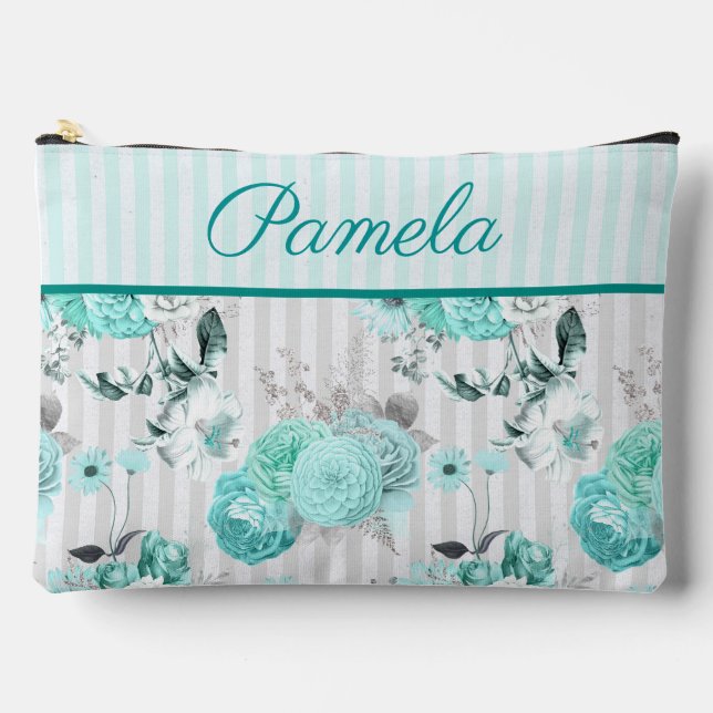 Turquoise Blue Roses, Grey Stripes and Monogram Accessory Pouch (Front)