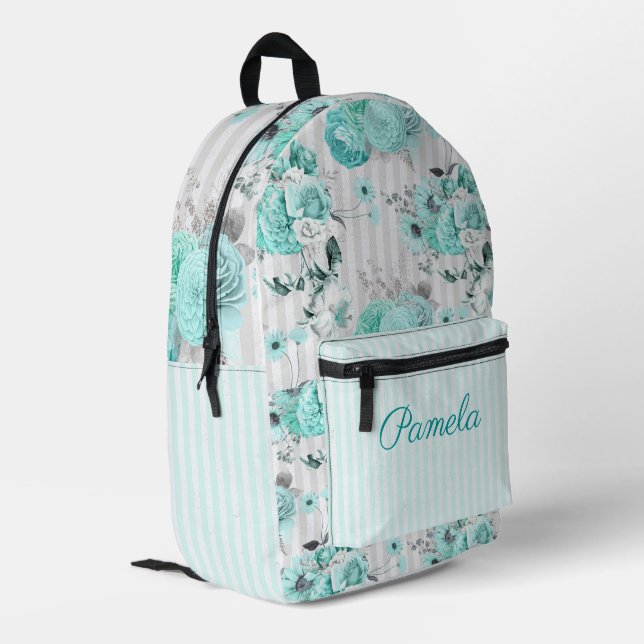 Turquoise Blue Roses, Grey Stripes and Monogram Printed Backpack (Back Corner Left)