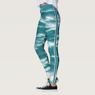 Turquoise Blue Rough Surf Breaking Ocean Waves Leggings