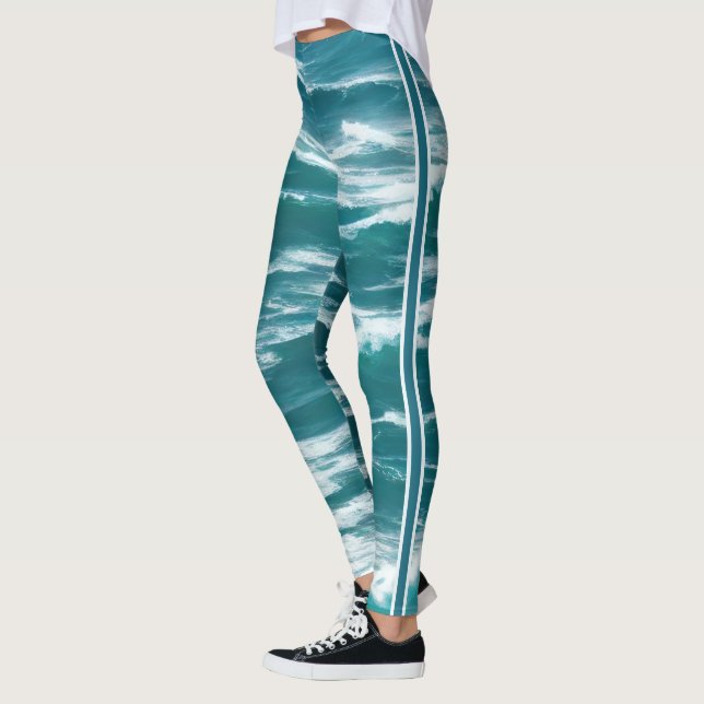 Turquoise Blue Rough Surf Breaking Ocean Waves Leggings (Left)