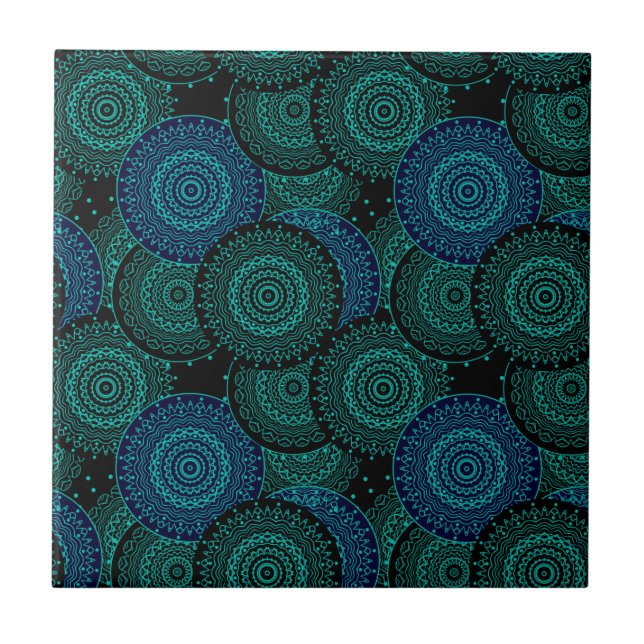 Turquoise blue round mandala on black background ceramic tile (Front)