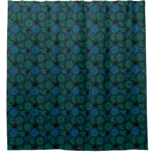 Turquoise blue round mandala on black background shower curtain