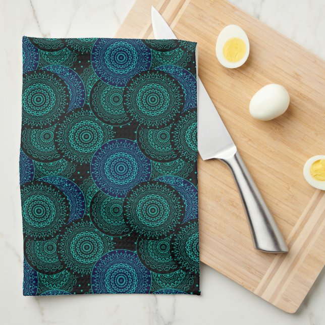 Turquoise blue round mandala on black background tea towel (Quarter Fold)