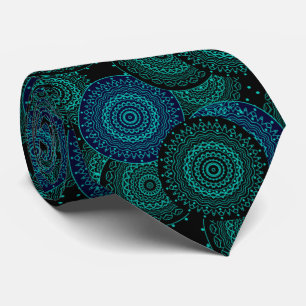 Turquoise blue round mandala on black background tie