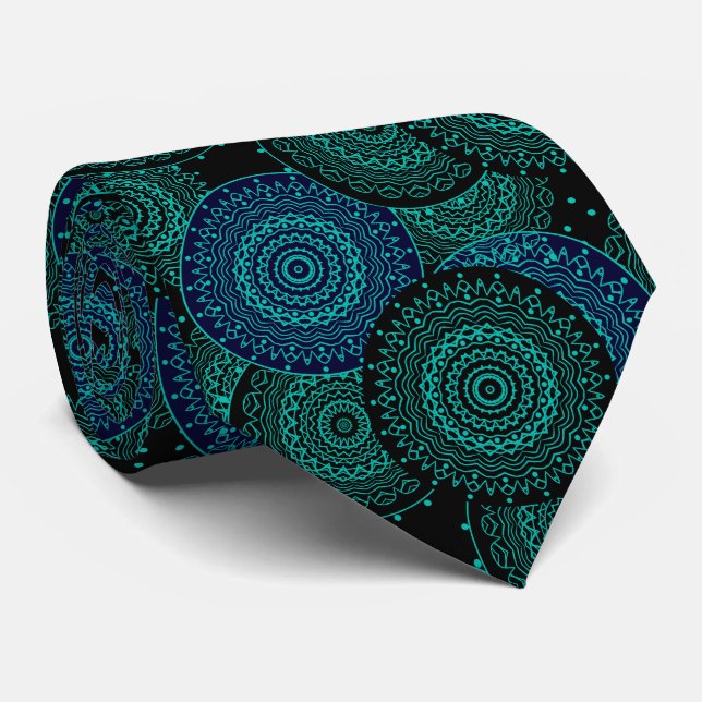 Turquoise blue round mandala on black background tie (Rolled)