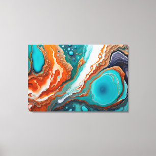 Turquoise blue, rust and gold paint abstract canvas print