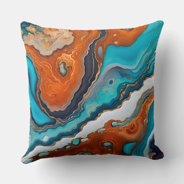 Turquoise blue, rust and gold paint abstract cushion (Back)