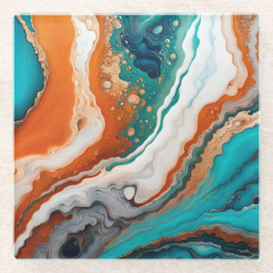Turquoise blue, rust and gold paint abstract glass coaster
