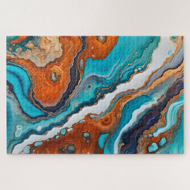 Turquoise blue, rust and gold paint abstract jigsaw puzzle (Horizontal)