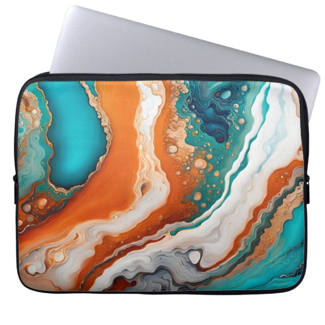 Turquoise blue, rust and gold paint abstract laptop sleeve (Front)