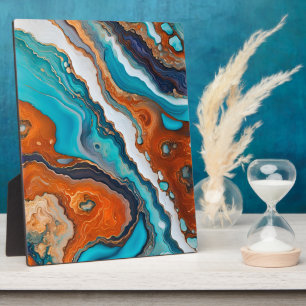 Turquoise blue, rust and gold paint abstract plaque