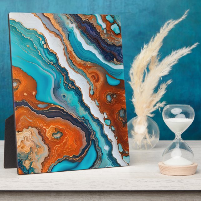Turquoise blue, rust and gold paint abstract plaque (Side)