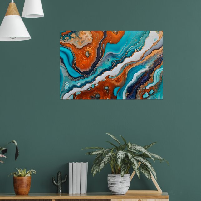 Turquoise blue, rust and gold paint abstract poster (Living Room 1)