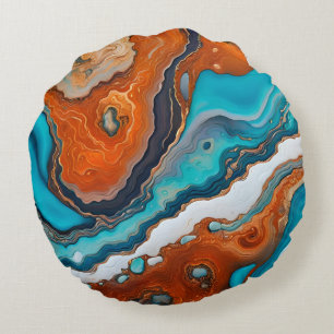 Turquoise blue, rust and gold paint abstract round cushion