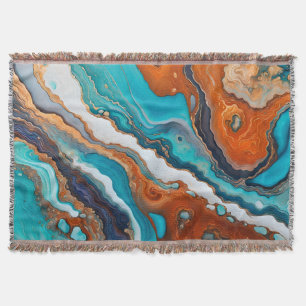 Turquoise blue, rust and gold paint abstract throw blanket