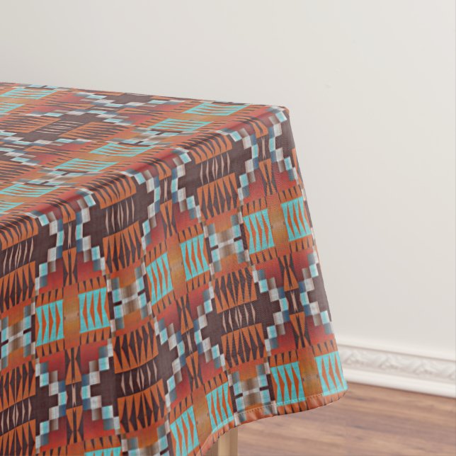 Turquoise Blue Rust Orange Red Brown Tribal Art Tablecloth (In Situ)