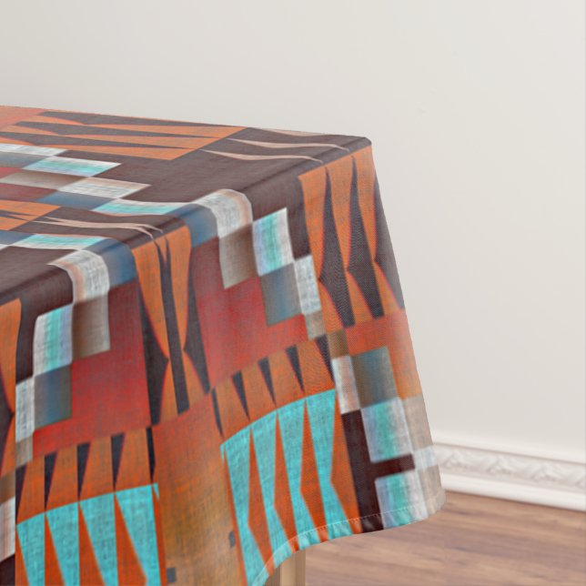 Turquoise Blue Rust Orange Red Brown Tribal Art Tablecloth (In Situ)
