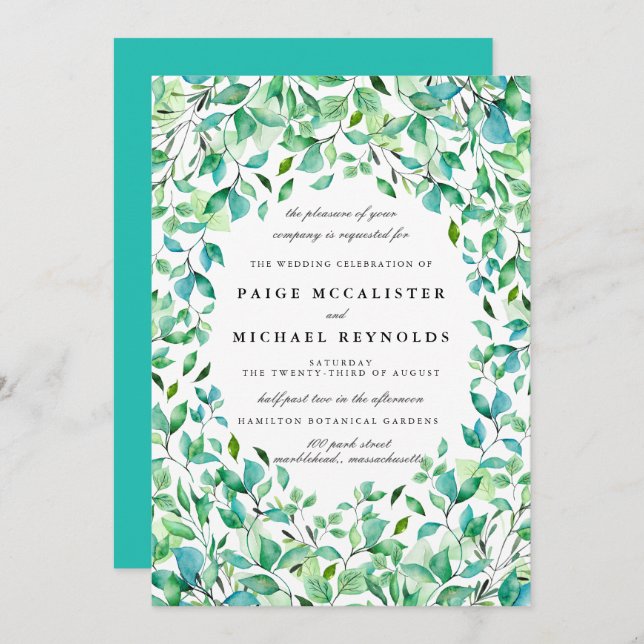 Turquoise Blue Sage Green Botanical Wedding Invitation (Front/Back)