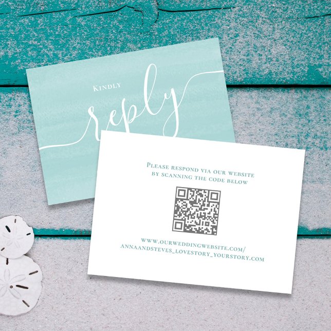 Turquoise Blue Script Wedding RSVP   (Turquoise blue wedding rsvp card)